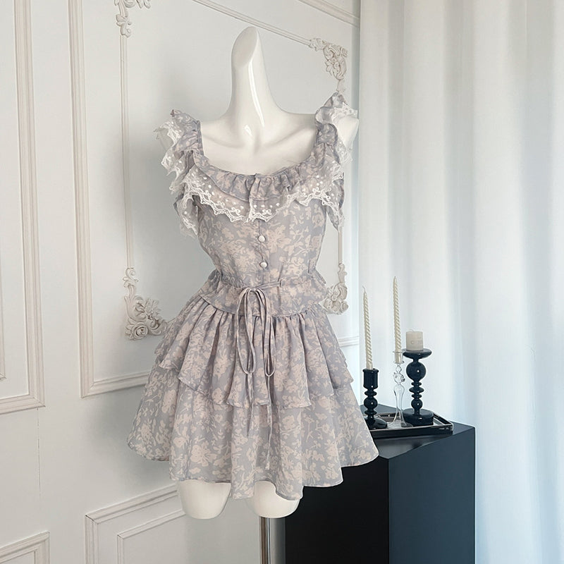BXOXO - summer inspo Fashionable Gentle Style Hot Girls Suit Summer Sleeveless Ruffles Slim Fit Top High Waist Mini Skirt Two-piece Set