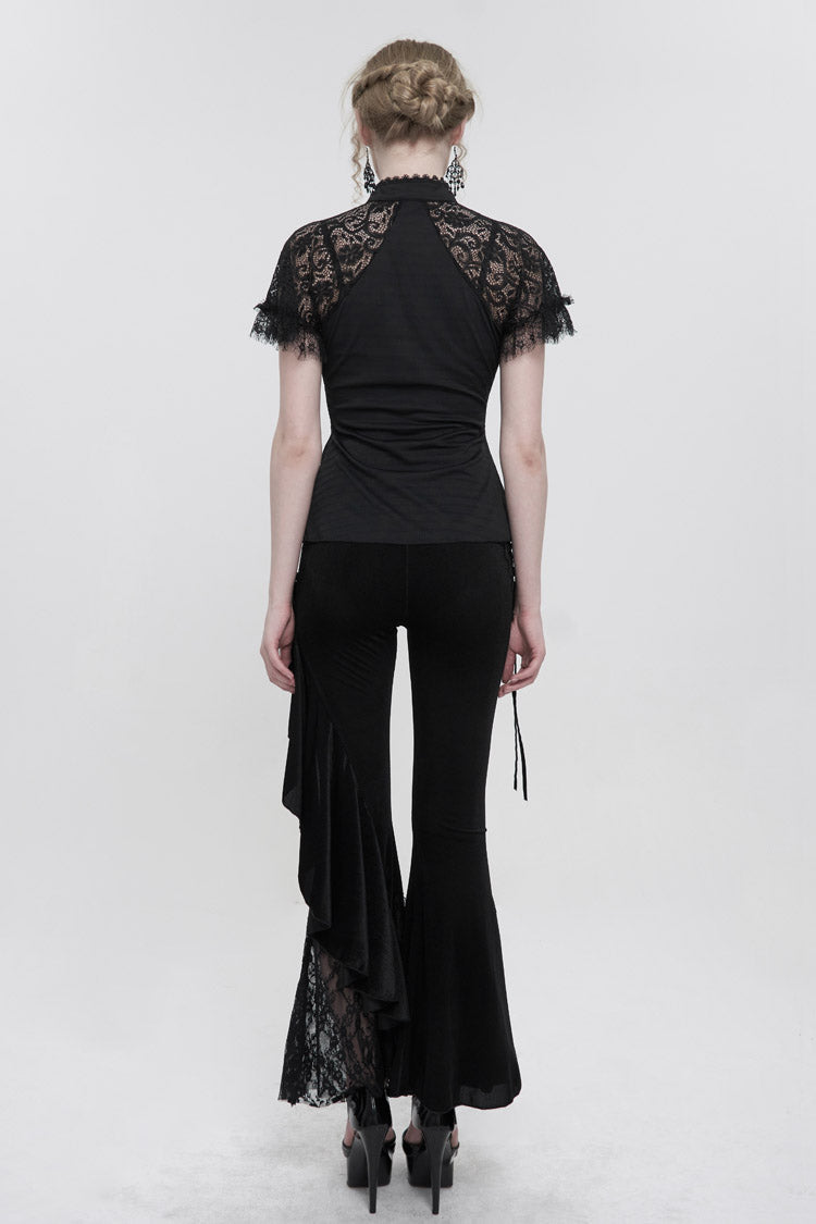 BXOXO Black Velvet Single Side Stitching Rose Net Side Rope Decoration Asymmetric Pattern Flare Women's Gothic Pants