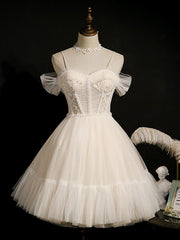 BXOXO Light Champagne Tulle Short Prom Dress, Puffy Tulle Lace Homecoming Dress