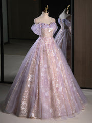 BXOXO A-Line Off Shoulder Tulle Lace Purple Long Prom Dress, Purple Formal Dress