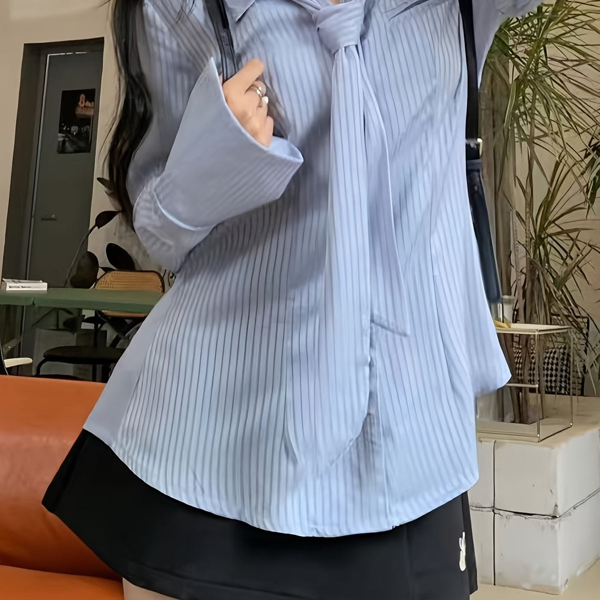 BXOXO [Polyester Chic Button-Up] Chic Polyester Long Sleeve Button-Up Shirt - Women's Spring/Summer Fashion Top with Non-Transparent Letter Pattern and Shoulder Pads