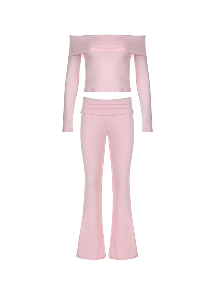 BXOXO - summer inspo Women Solid Skinny Ruched Off Shoulder Long Sleeve Tee Shirt And Flared Pants 2 Pieces Sets