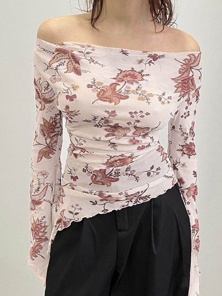 BXOXO - Off-Shoulder Floral Print Bell Sleeve Top