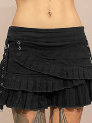 BXOXO - summer inspo Punk Gothic Black Eyelet Ribbon Denim Skirt Women Low Waist Asymmetrical Tiered Pleated Short Jean Skirts Y2K