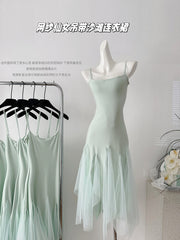 BXOXO - summer inspo Temperament Suspender Dress Women Elegant Vacation Beach Style Mesh Fairy Dress 2025 Summer New Fashionable Slim Fit Dress