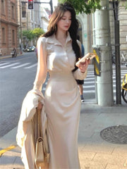 BXOXO party look inspos Korean Elegant Solid 2-piece Skirt Set for Women Long Sleeve Shirt Slim Waist Midi Mermaid Skirt Fashion Office Lady Clothes New
