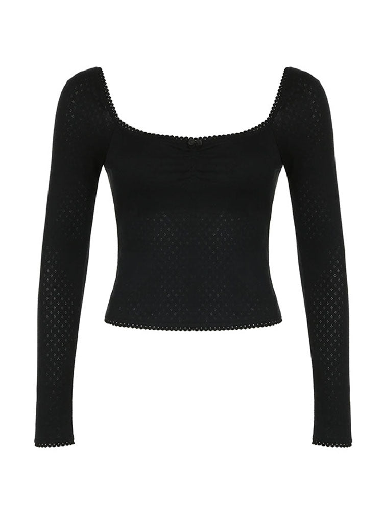 BXOXO - summer inspo Korean Fashion Shirring Bow Square Collar Slim Long Sleeve Black T Shirt Women White Solid Basic Cute Japanese Top Tee