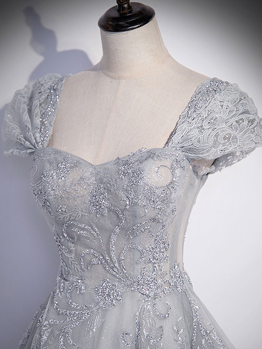 BXOXO Gray Sweetheart Neck Tulle Lace Long Prom Dress, Gray Evening Dress