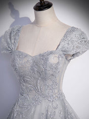 BXOXO Gray Sweetheart Neck Tulle Lace Long Prom Dress, Gray Evening Dress