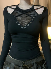 BXOXO - summer inspo Darkly Punk Cothic Women Long Sleeve T-Shirt Patchwork Chic Fabric Cut Out O-Neck Top Tees Slim Sexy Solid Tops