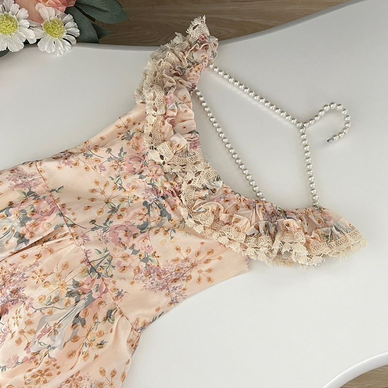 BXOXO - summer inspo French Retro Square Collar Spliced Folds Ruffles Floral Dress Female Clothing 2025 Summer New Loose Sweet Sleeveless Slip Dress