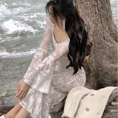 BXOXO party look inspos French Vintage Wedding Party Midi Dresses for Women 2025 Autumn Winter Elegant Slim Flare Sleeve Mermaid Lace Female Clothing