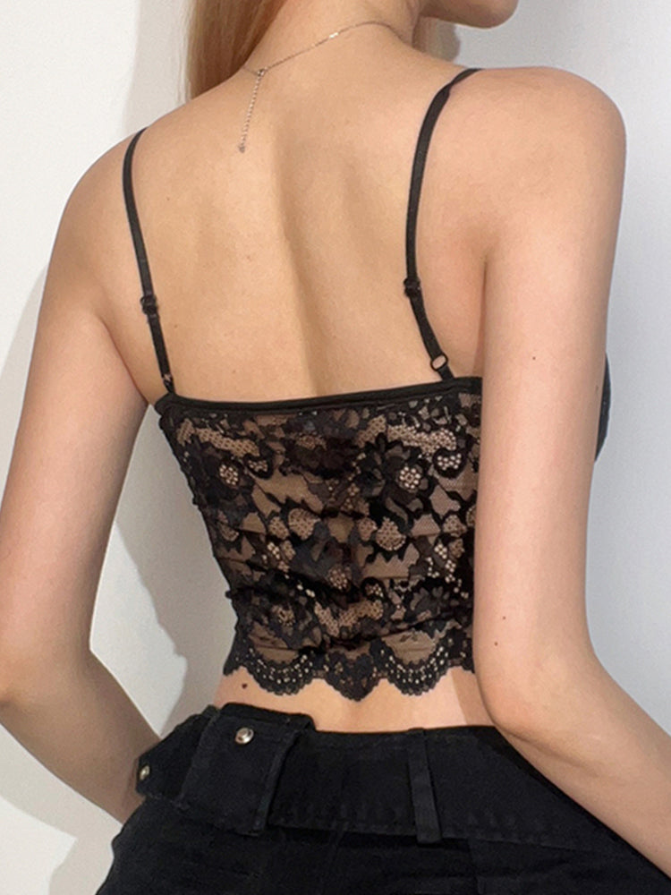 BXOXO - summer inspo Black See Through Sexy Asymmetrical Goth Lace Camisole Women Rave Baddie Outfits Crop Top