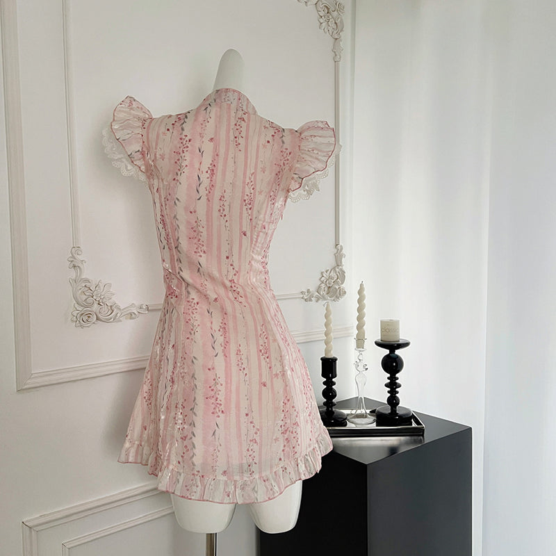 BXOXO - summer inspo Summer New Chinese Style Slim Fit Dresses Fashionable Improved Qipao Sweet Pink Flower Print Dress