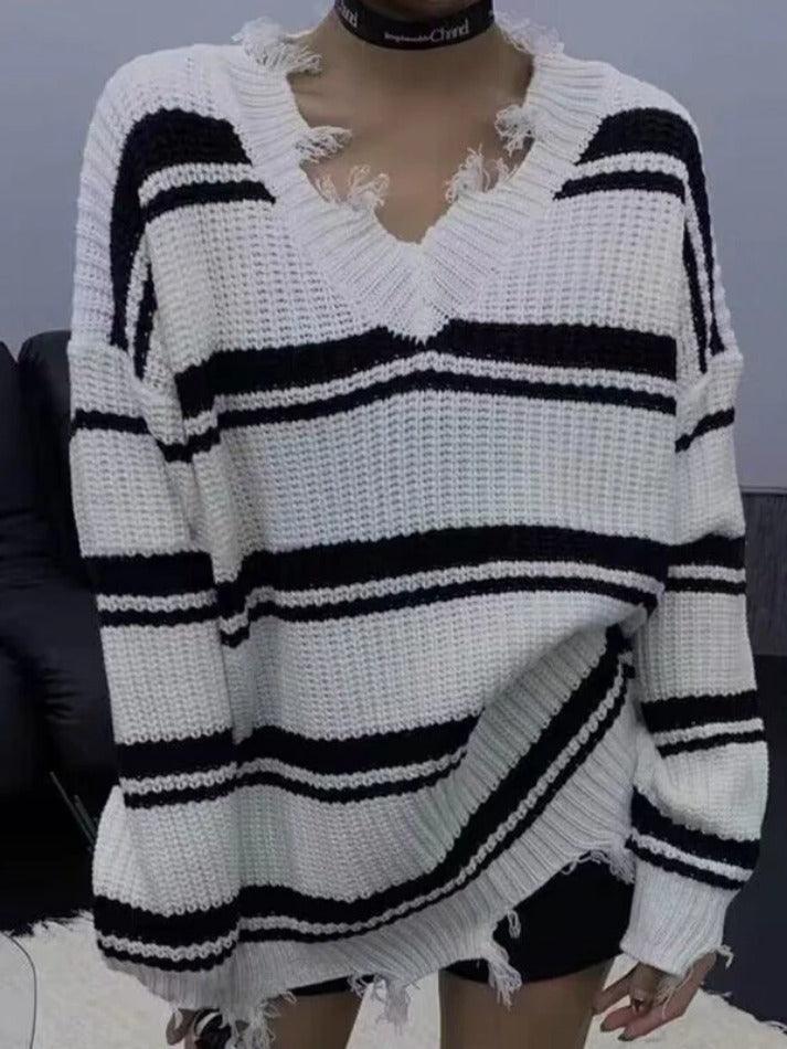 Striped V Neck Frayed Tassel Knit Sweater