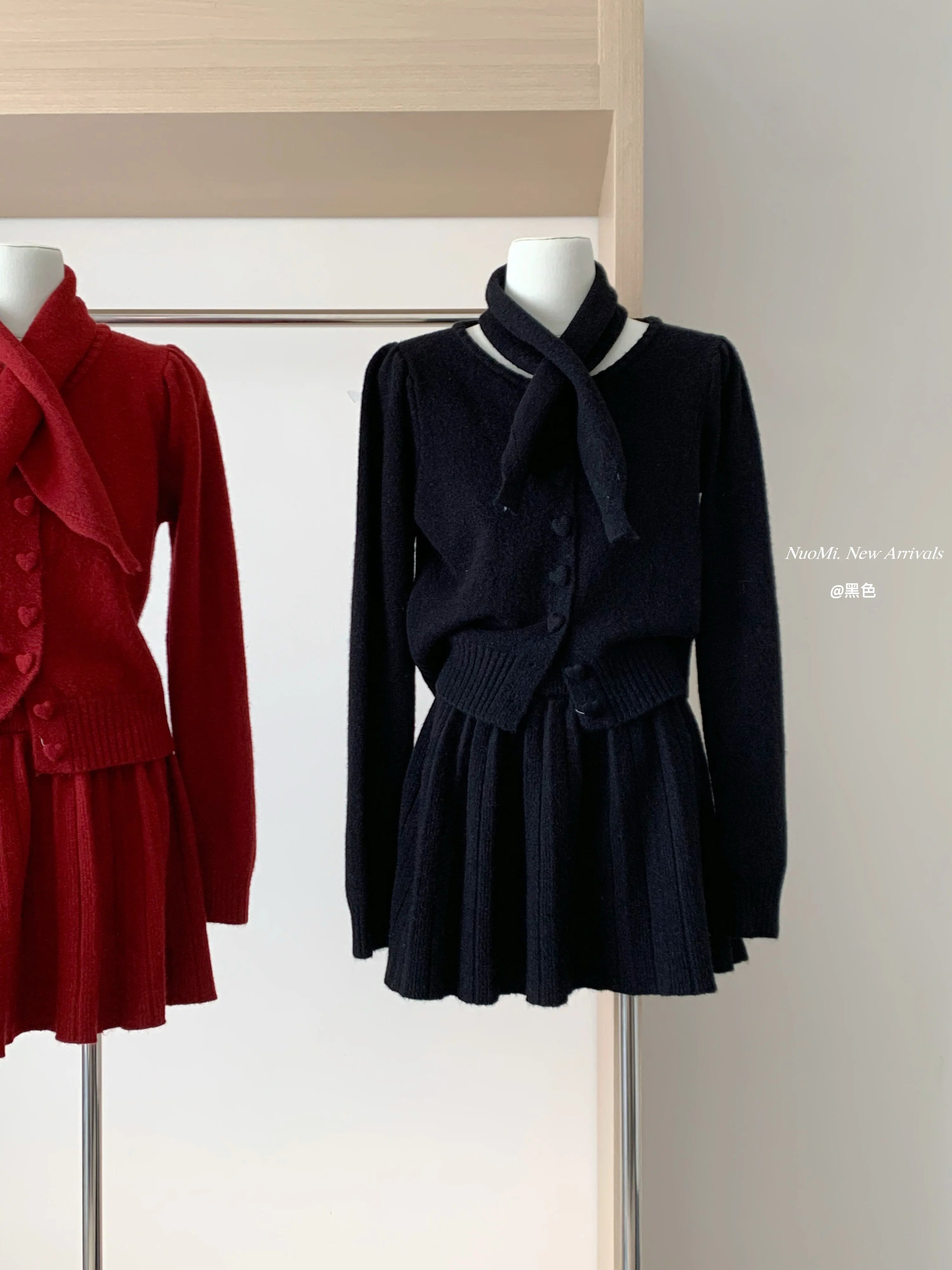 BXOXO Autumn Korean Gentle Elegant Loose 3 Piece Set Women Knitt Heart Button Cardigan+Scarf+Elastic Waist Pleated Skirts Casual Suit
