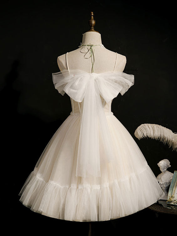 BXOXO Light Champagne Tulle Short Prom Dress, Puffy Tulle Lace Homecoming Dress