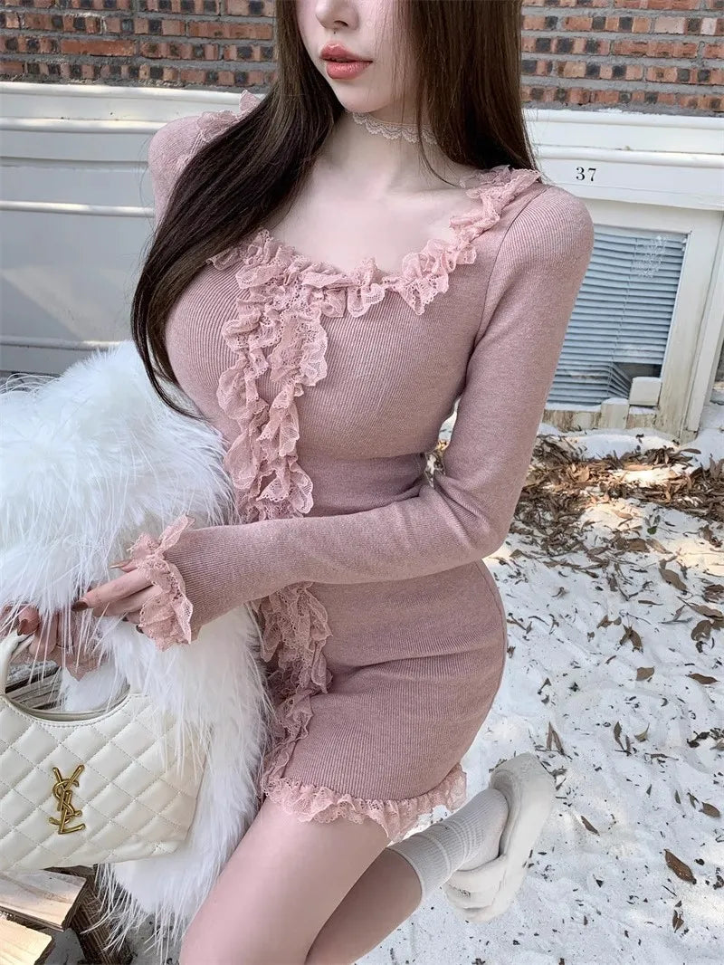 BXOXO Y2k Dress Women Clothing Kpop Lace Long sleeves Party Dresses High waist Korea Sweet Girl Mini Dressees Harajuku Sexys Dress