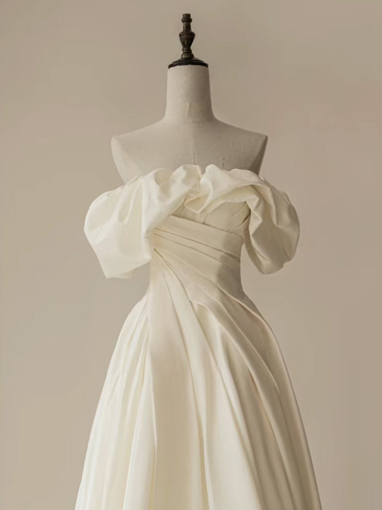 BXOXO A-Line Off Shoulder Ivory Satin Long Prom Dress, ivory Long Formal Dress