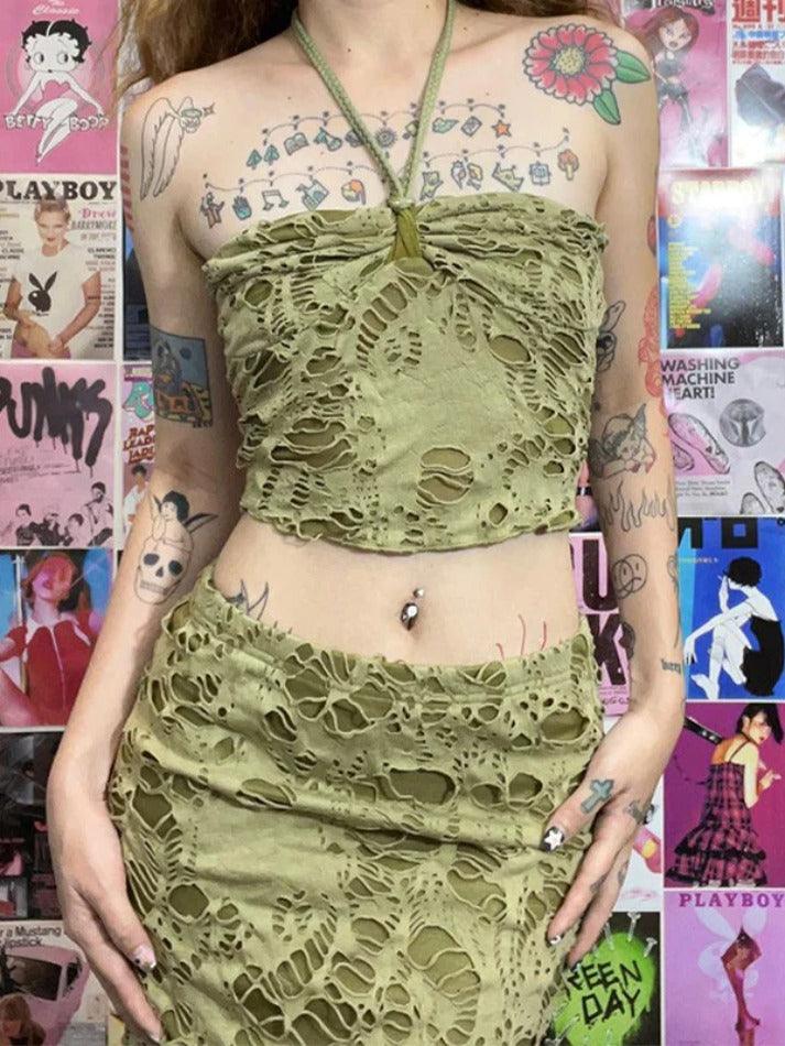 Tattered Design Halter High Waist Two Piece