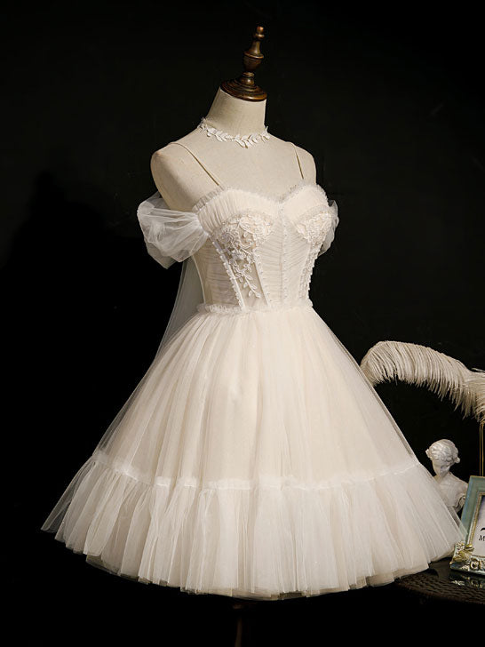 BXOXO Light Champagne Tulle Short Prom Dress, Puffy Tulle Lace Homecoming Dress