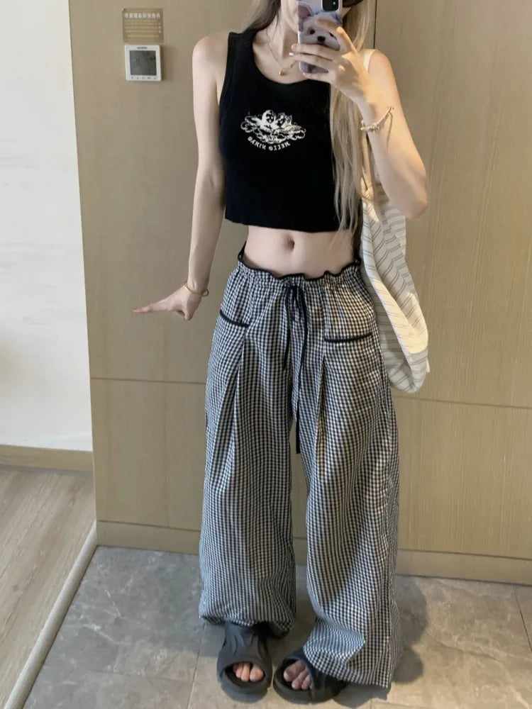 BXOXO Sweet Black Women Plaid Pants Coquette Japanese Style Cute Wide Leg Trousers Harajuku Kawaii Palazzo Pants Vintage Y2k