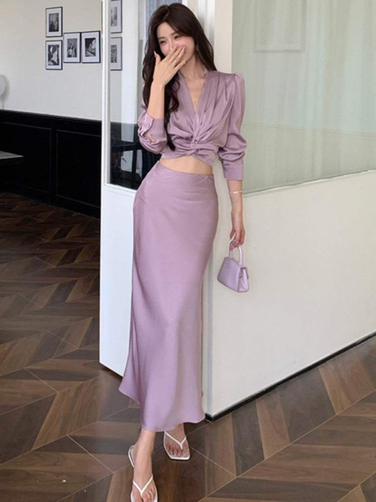 BXOXO party look inspos Autumn Korean Solid 2 Pieces Set Women Elegant V-Neck Long Sleeve Pleated Shirt Tops and High Waist A-Line Mermaid Skirt Suits