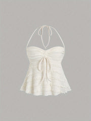 BXOXO [Solid Color Halter Sexy Top] Women's Chic Y2K-Inspired Solid Color Semi-Sheer Halter Top with Tie-Up Backless Design - Sexy Summer Sleeveless Blouse in Lightweight Polyester, Machine Washable, Beach Coverup|Feminine St