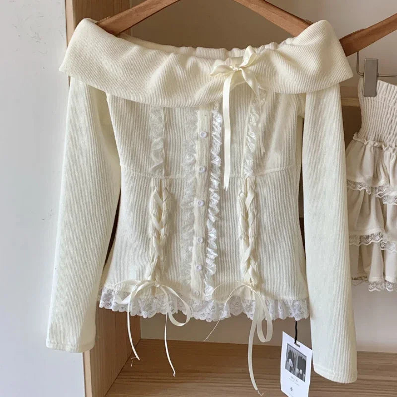 BXOXO Fall Winter Women Korea Kpop Mori Girl 2000s Aesthetic Outfits 2 Piece Set Long Sleeve Off Shoulder Coquette Tops + Mini Skirt