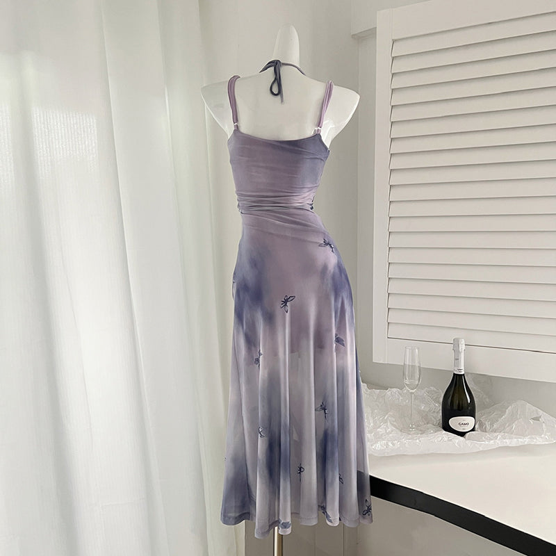 BXOXO - summer inspo 2025 Summer Butterfly Print Strap Dress Women Elegant Sleeveless Evening Party Midi Dresses Korean Off Shoulder Dress