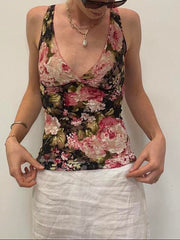 BXOXO - summer inspo Sweetown French Romantic Colorful Floral Print Lace Vest Sleeveless V Neck Slim Elegant Sexy Summer Vacation Boho Tank Top Women