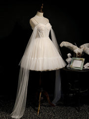 BXOXO Light Champagne Tulle Short Prom Dress, Puffy Tulle Lace Homecoming Dress