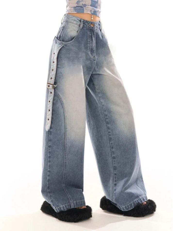 Vintage Wash Belted Decor Boyfriend Jeans