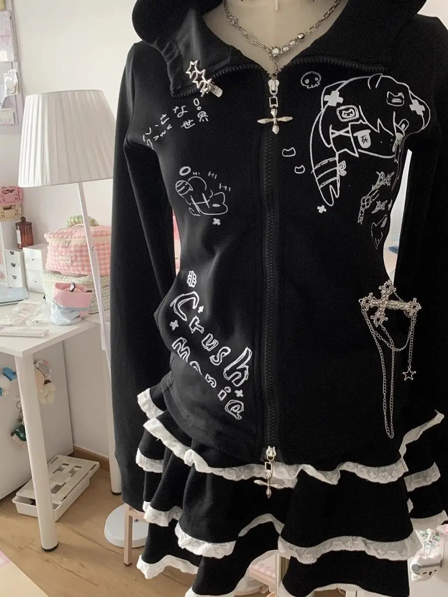 BXOXO Kawaii Hoodie Winte Clothes Vintage 2000s Hoodies Zip Up Hoody Cute Korea Slim Streetwear Sweet Girl Sweatshirts Cat Y2k Tops