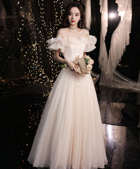 BXOXO DRESS TO IMPRESS Champagne Long Prom Dress, A line Tulle Formal Graduation Dress with Butterfly
