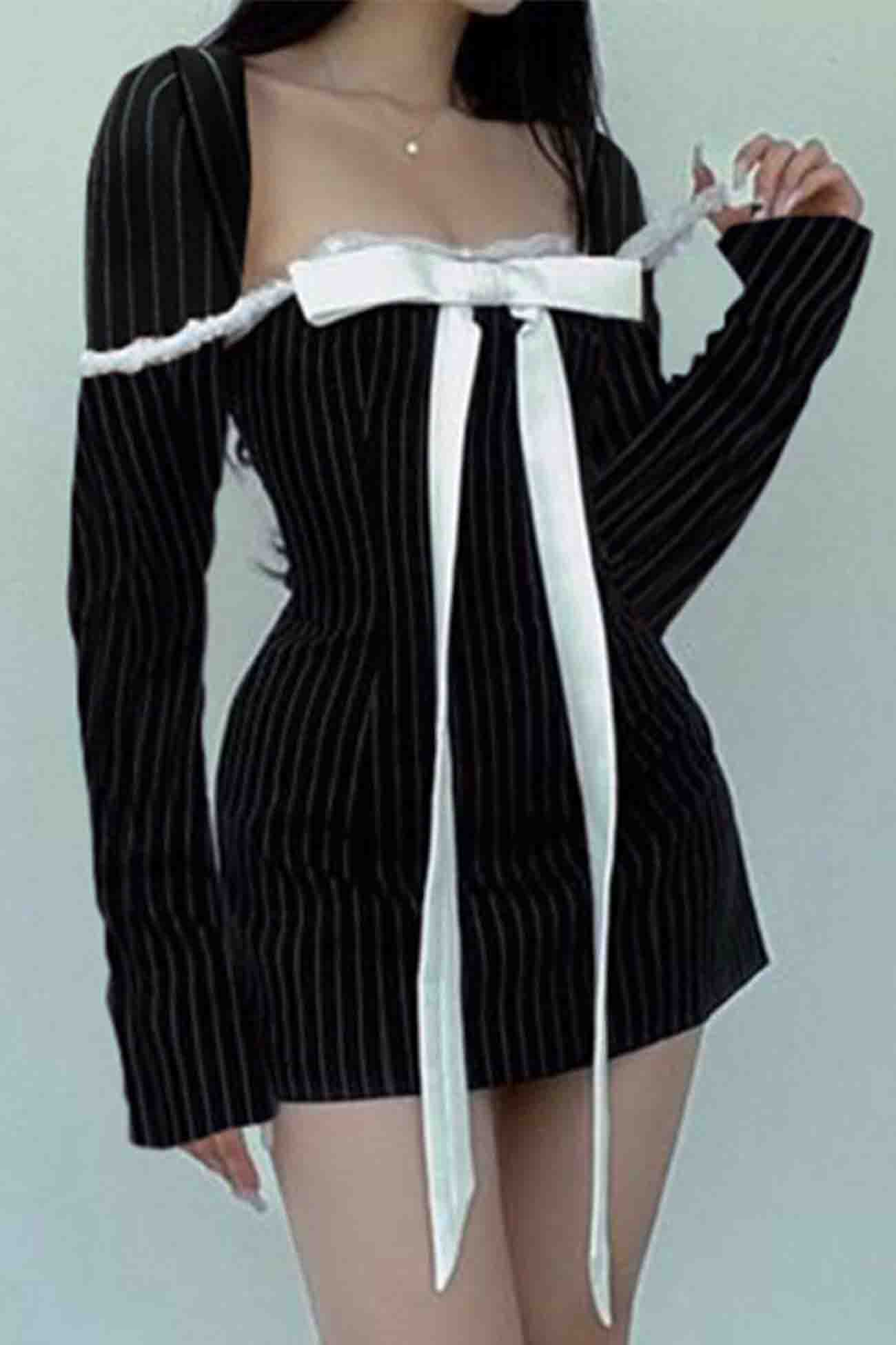 BXOXO - Square Neck Bow Tie Striped Long Sleeve Mini Dress