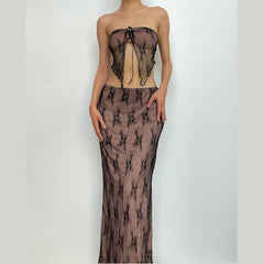 Lace Contrast Self Tie Backless Tube Maxi Skirt Set