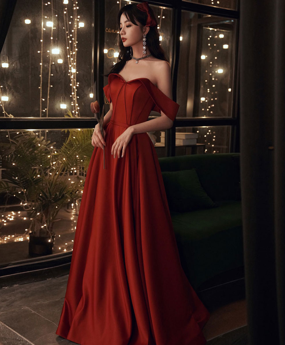 BXOXO Simple Red Satin Long Prom Dress, Burgundy Formal Graduation Dresses