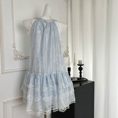 BXOXO - summer inspo Sweet Bow Lace Dress Women Summer Blue Sleeveless Halter Sling Dresses Y2k Harajuku Princess Cake Pompon Dress 2025