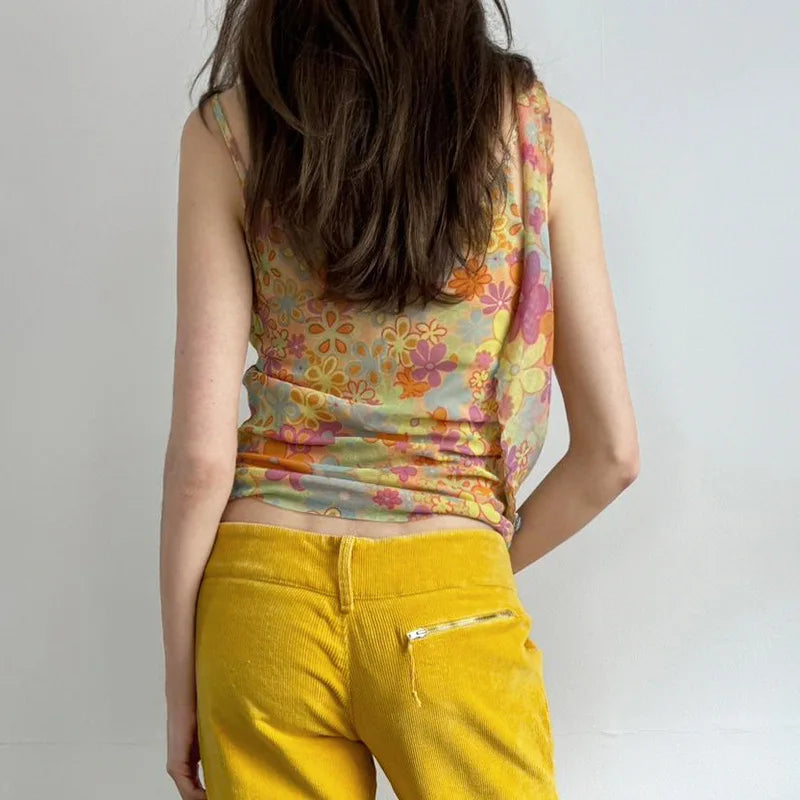 BXOXO Camis Y2k Sweet Girl 90s Vintage Clothes Sling Flower Summer Slim Mesh Women Korea Harajuku Femme Crop Top Grunge Tank Clothing