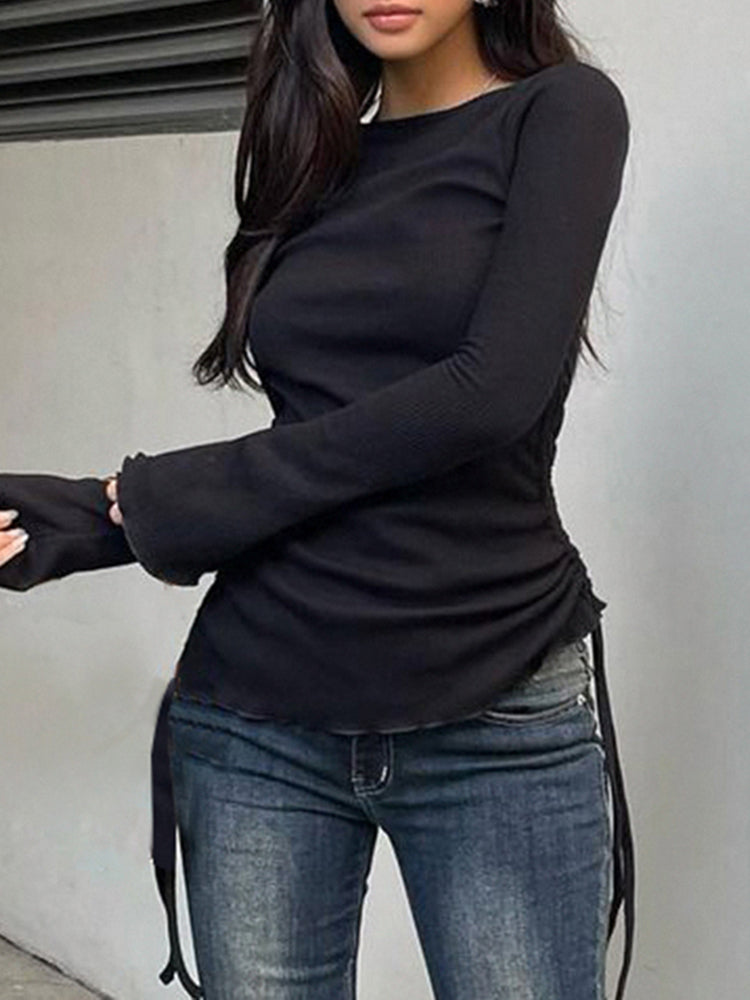 BXOXO - summer inspo Black Solid Ribbed O Neck Slim Long Sleeve Basic Long Sleeve T Shirt Women Side Shirring Lace-Up Chic Fashion Elegant Simple Tee