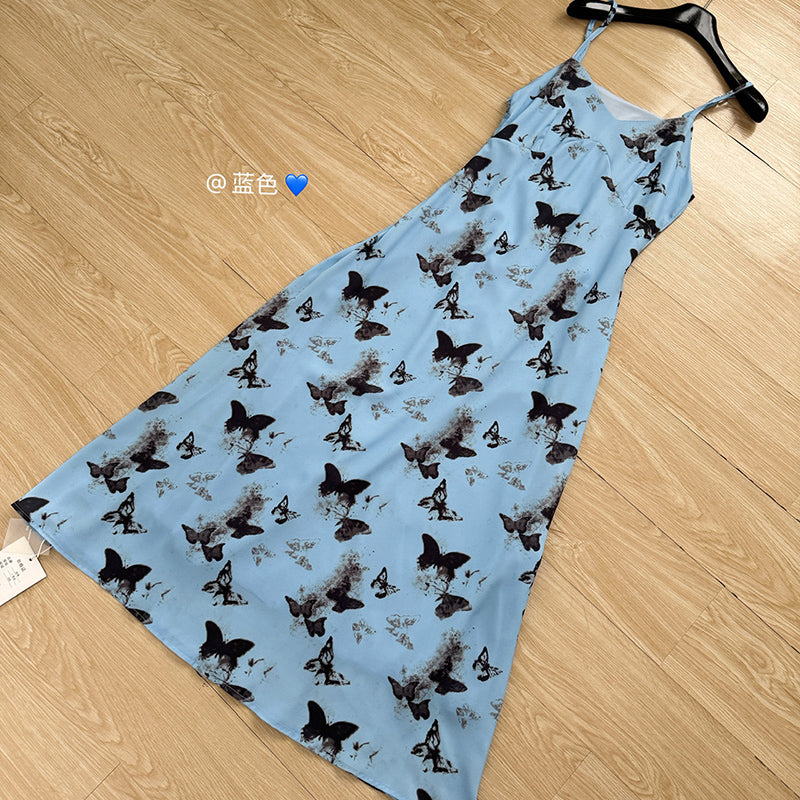 BXOXO - summer inspo Women Sexy Butterfly Print Backless Suspender Slim Long Dress Summer Casual Sleeveless Dresses Beach Robe