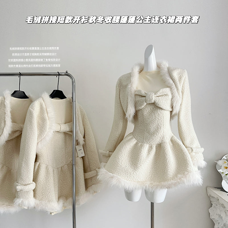BXOXO - summer inspo New Korean Elegant 2 Piece Set Women Solid Color Long Sleeve Short Coat + Sweet Temperament Dress Fashion Suit