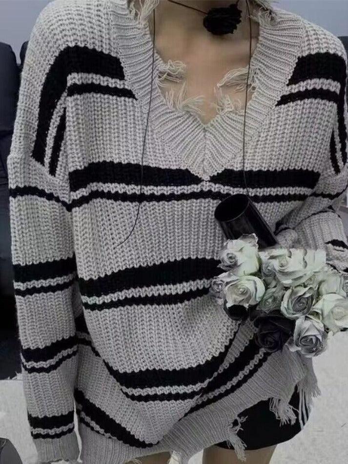 Striped V Neck Frayed Tassel Knit Sweater