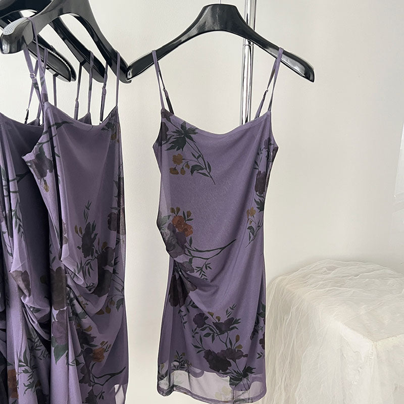 BXOXO - summer inspo 2025 Korean Fashion Purple Casual Floral Midi Dress Summer Elegant Vacation Dress Summer Women Party Strap Dress