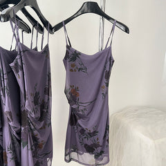 BXOXO - summer inspo 2025 Korean Fashion Purple Casual Floral Midi Dress Summer Elegant Vacation Dress Summer Women Party Strap Dress