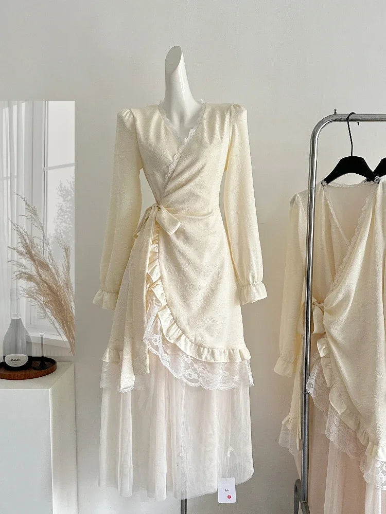 BXOXO Spring French Retro Elegant Princess Dress Women Lace Straps Mesh Embroidery Spliced Long Dress Mori Girl Style Design Vestidos