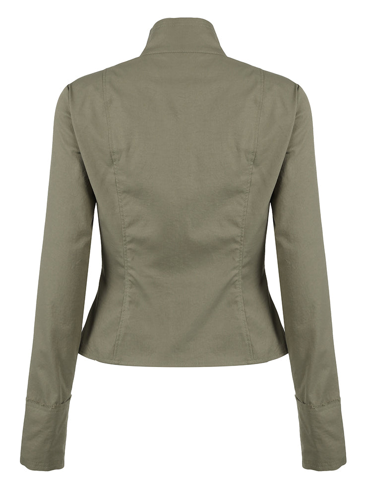 BXOXO - summer inspo Retro Green Slim Cargo Jackets Women Button Up Stand Collar Long Sleeve Autumn Korean New Fashion Outwear