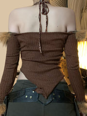 BXOXO - summer inspo Slim Fit Sexy Halter Fake Two Piece Women’s Tops Fashion Patchwork Faux Slash Collar Long Sleeves Autumn Blouses