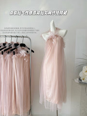 BXOXO - summer inspo Summer Women Halter Mesh Bandage Long Dresses New Elegant Sleeveless Backless Robe Fashion Slim Ruffles Fairy Sundress